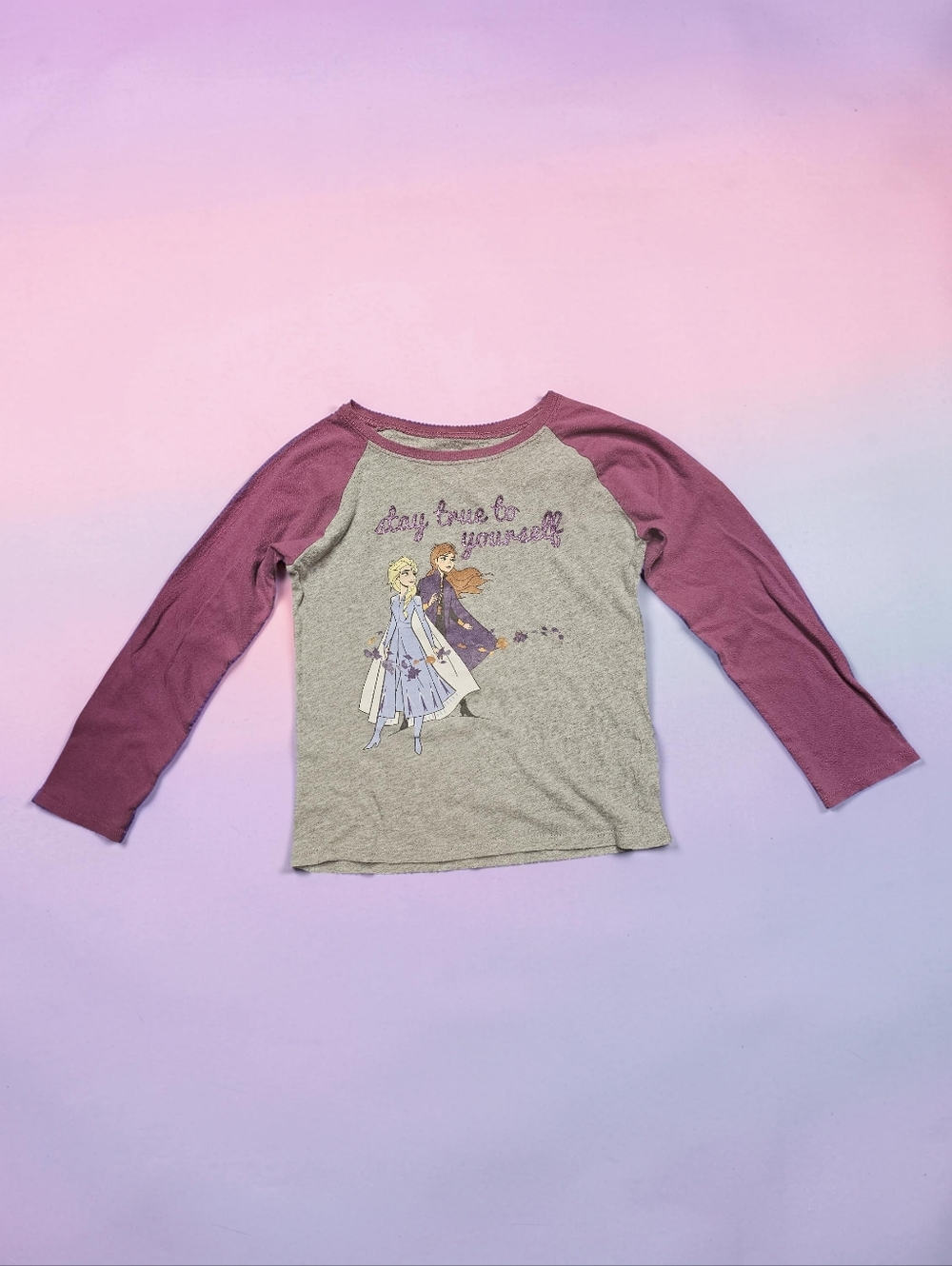 DISNEY FROZEN II Girls' Raglan Long-Sleeve Top - Gray & Purple. Size 5T.